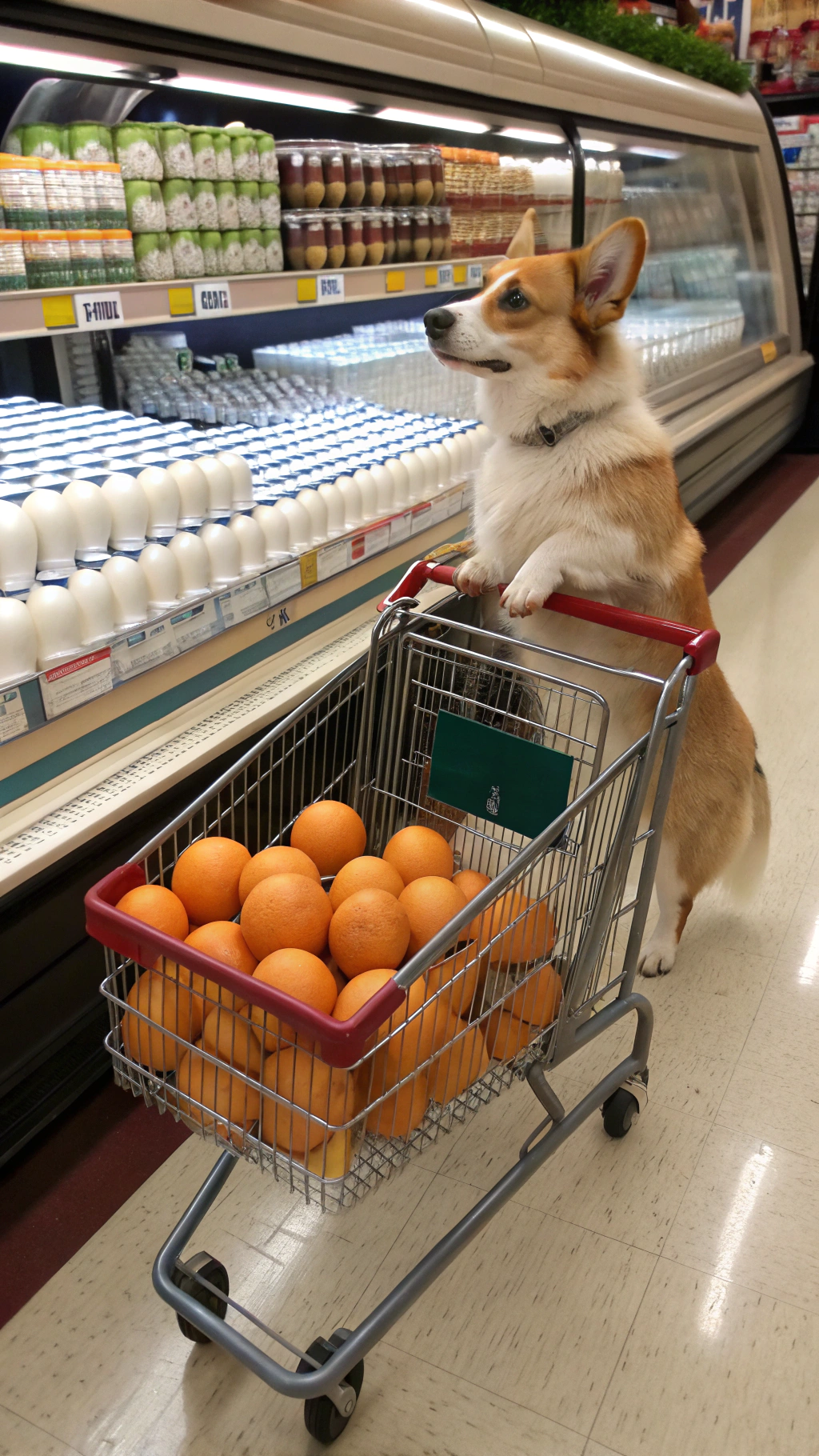 AI generated image by Red Panda AI: anthropomorphic standing naked corgi going shopping in an American grocery store next to the milk and eggs aisle pushing a miniature shopping cart filled with bread loaf, egg carton, and oranges