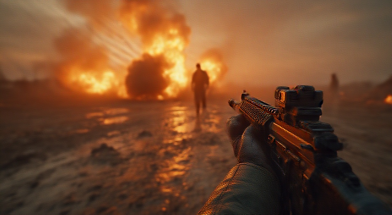 AI generated image by FLUX.1-pro: A cinematic military scene at sunset, first-person POV showing hands holding a realistic M4 rifle, background shows a silhouette of a soldier standing against an explosion with orange flames and smoke, reflective wet ground, dramatic lighting with dark moody atmosphere, volumetric lighting, high detail, photorealistic, dramatic composition, 16:9 cinematic ratio, golden hour lighting, depth of field, 8k resolution, high dynamic range