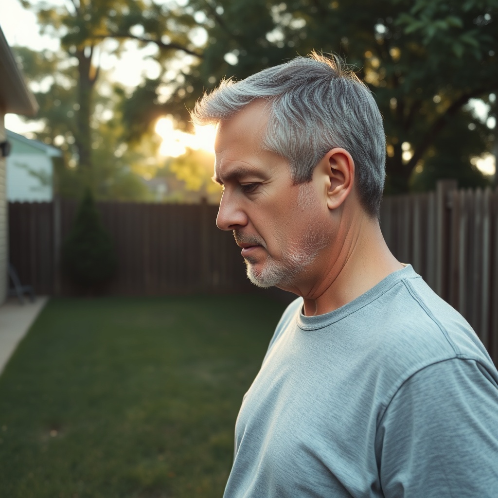 AI generated image by FLUX.1-schnell: A realistic cinematic photograph of a middle-aged man with short salt-and-pepper hair and light stubble, shown in a close-up side profile from the left, looking downward with a serious, thoughtful expression. He is wearing a plain light gray crew-neck t-shirt. The scene takes place in a quiet suburban backyard with a neatly cut green lawn, a tall wooden privacy fence, a few leafy trees, and part of a beige house visible on the left edge of the frame. The sun is low behind the subject, creating strong natural backlighting, soft rim light around his head, mild lens flare, and bright overexposed sky. Natural outdoor colors, authentic skin texture, documentary style, handheld camera feeling, shallow depth of field, slightly imperfect smartphone optics, ultra-realistic, candid moment, no smile, calm atmosphere, 16:9 composition, 4K, photorealistic.