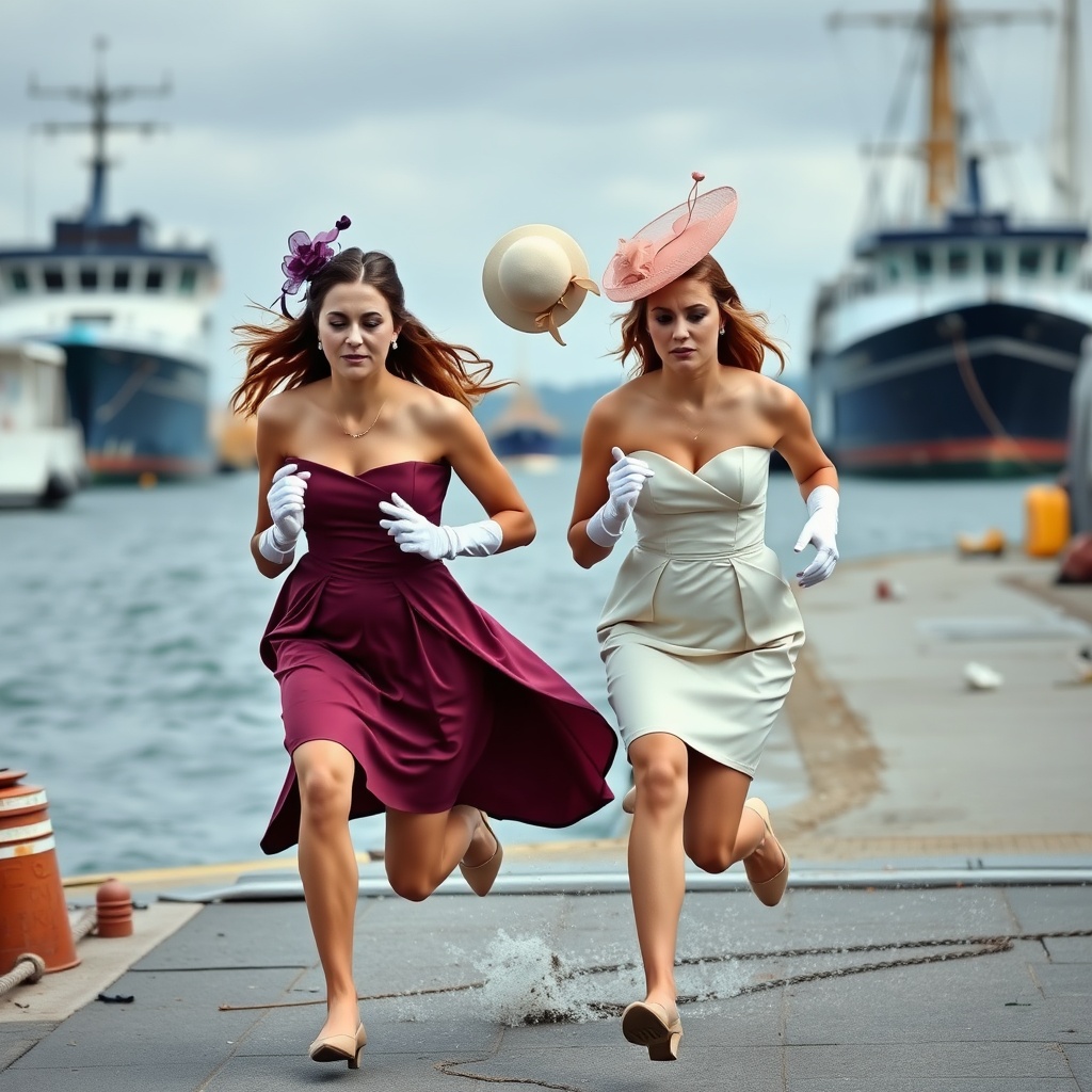 AI generated image by FLUX.1-schnell: Two posh female wedding guests are running sad and scared in a dangerous port wearing coloured posh mini dresses and silky gloves. Descending to the ground, two posh hats are blowing off their heads behind in the background.
