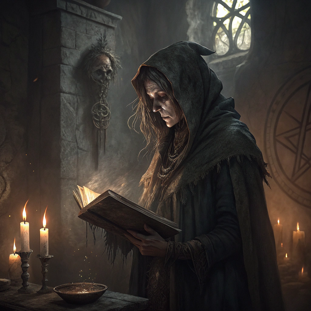 AI generated image by Red Panda AI: a dirty witch with a spellbook in her hand, candles arround her. Gothic style, dark style