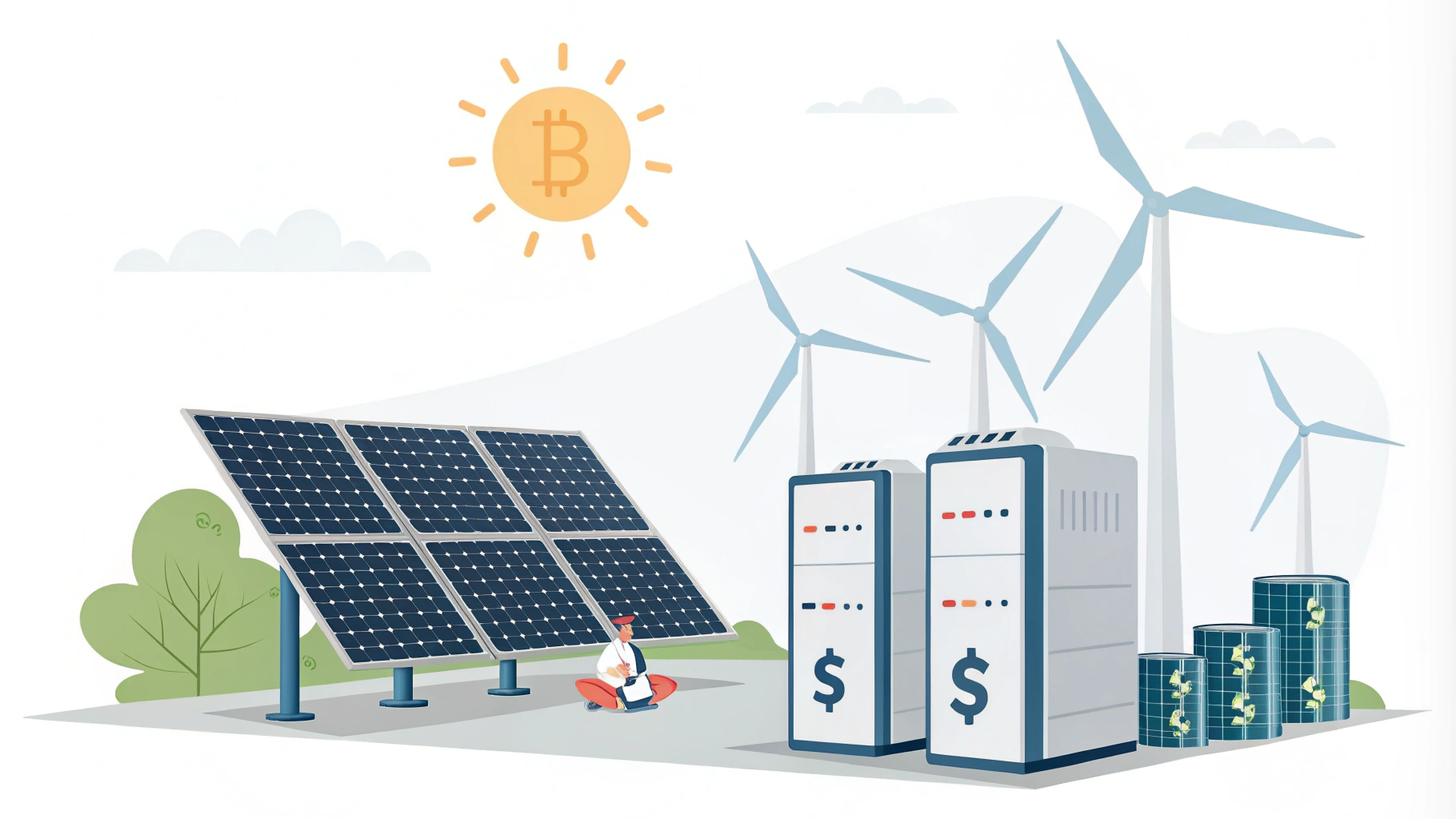 AI generated image by Red Panda AI: just give me an image which has renewable sources, batteries and dollar signs.  its for a blog post about a koi dashboard which shows profitability of renewable assets