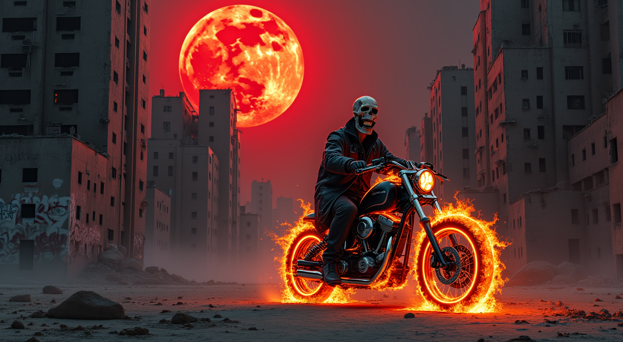 AI generated image by FLUX.1-pro: A ghost rider with a blazing skull, wrapped in dark chains, stands with his fiery motorcycle in the foreground, casting a menacing glow over the deserted, broken cityscape behind him. Skyscrapers, covered in graffiti and missing windows, rise under a blood-red moon, their silhouettes twisted and eerie. Shadows seem to move within the windows, as the ghost rider's flames reflect off the glass, intensifying the terrifying ambiance