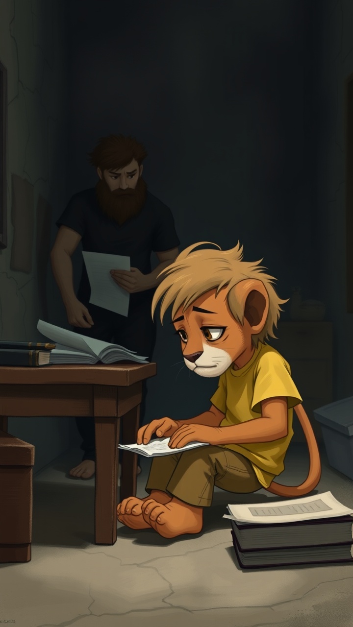 AI generated image by FLUX.1-schnell:  "A small anthropomorphic lion boy with human-like hands and feet, wearing a simple yellow t-shirt and pants, is sitting at a modest desk under dim lighting, deeply focused on studying. His expression is one of determination and sadness as he glances at his father in the background. The muscular lion father, with human-like arms and legs, wearing a black t-shirt and pants, is seen working hard, gathering or sorting through papers in a dark, worn-down room. The background is somber, with cracked walls and minimal furnishings, emphasizing the boy’s resolve to study hard and create a better future for his father."