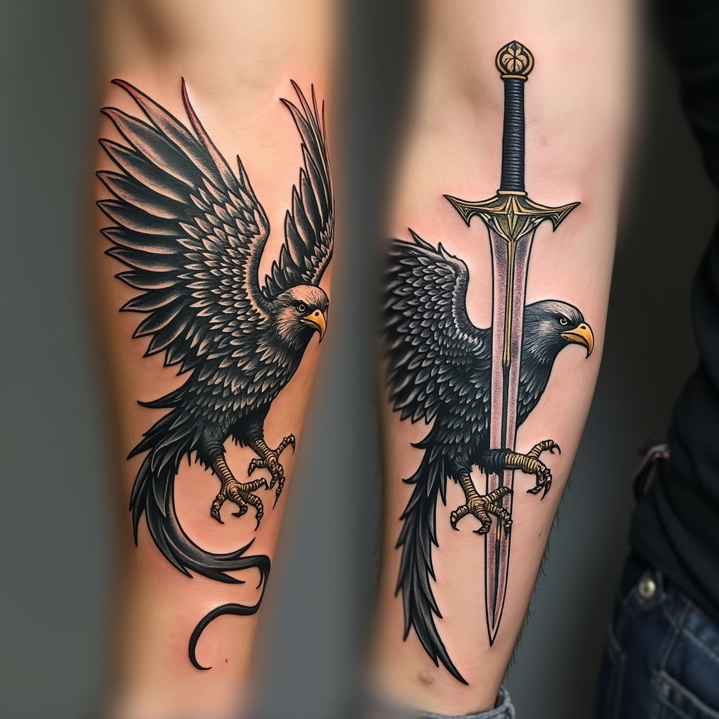 AI generated image by FLUX.1-pro: Tatuaje de dos valkirias con alas de águila y una espada