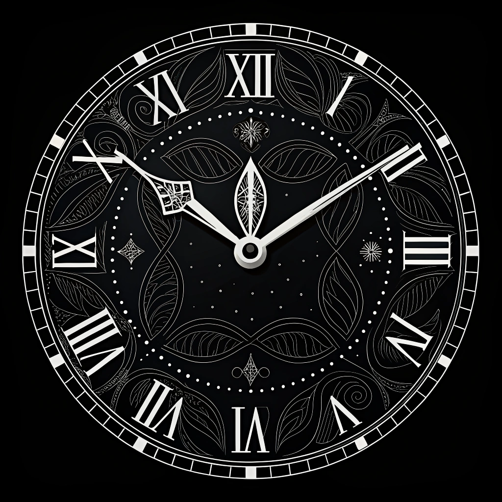 AI generated image by Red Panda AI: Black background, white clock hands with fashionable design; Only the hour and minute hands are visible, displaying 23:59.
