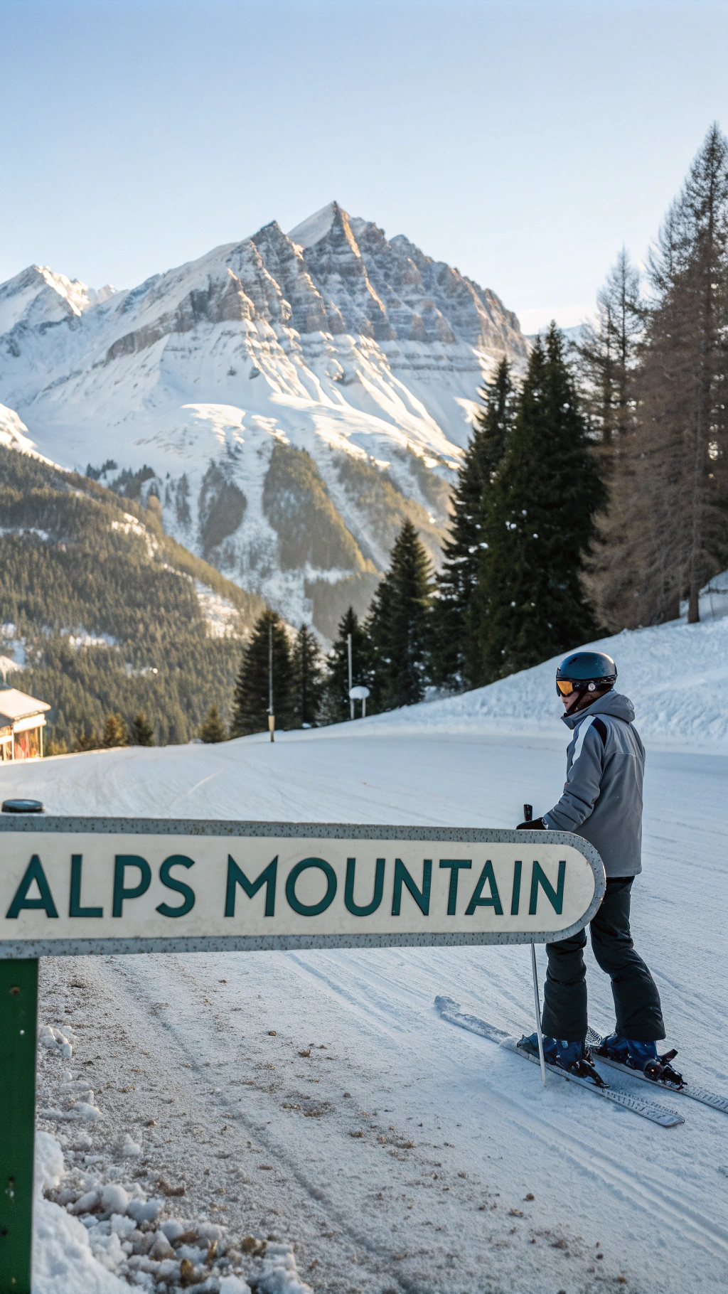 AI generated image by Red Panda AI: A peaceful snow-covered landscape in the Alps with a skier standing still on the slopes. The skier is facing the camera, with their face clearly visible and wearing a ski jacket, helmet, and goggles. The skier’s expression is calm and focused, and their ski equipment is detailed. Next to the skier, a road sign is visible, showing the text 'Alps Mountain' with a directional arrow pointing towards the mountain range.