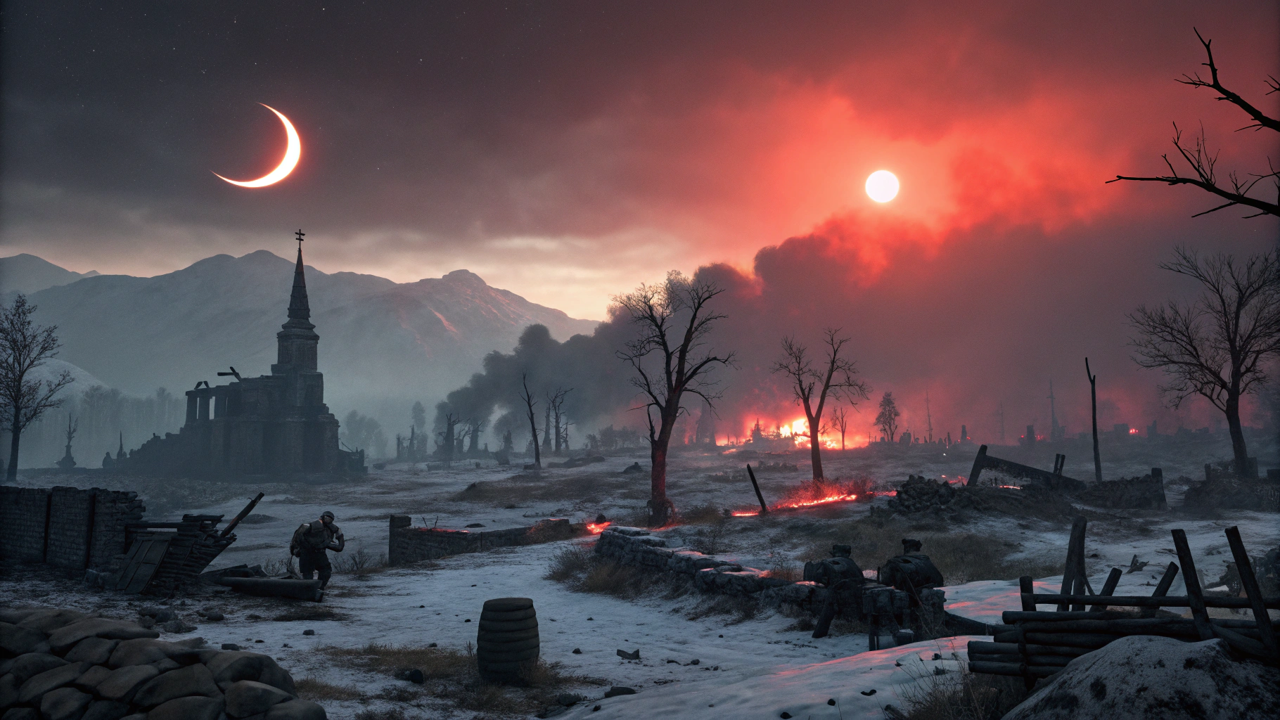 AI generated image by Red Panda AI: A dark, apocalyptic battlefield at twilight. A crimson eclipse dominates the sky, casting a blood-red glow over everything. Ruins of ancient temples and shattered weapons scatter the cracked earth. Ash drifts slowly through the air like snow, creating a sense of quiet destruction. The land looks cursed and lifeless, scorched by endless war. The atmosphere is thick with smoke and sorrow, while jagged mountains silhouette the distant horizon under the eclipse. High-resolution, ultra-detailed, cinematic lighting, dark fantasy style, 8K, moody and dramatic, concept art.