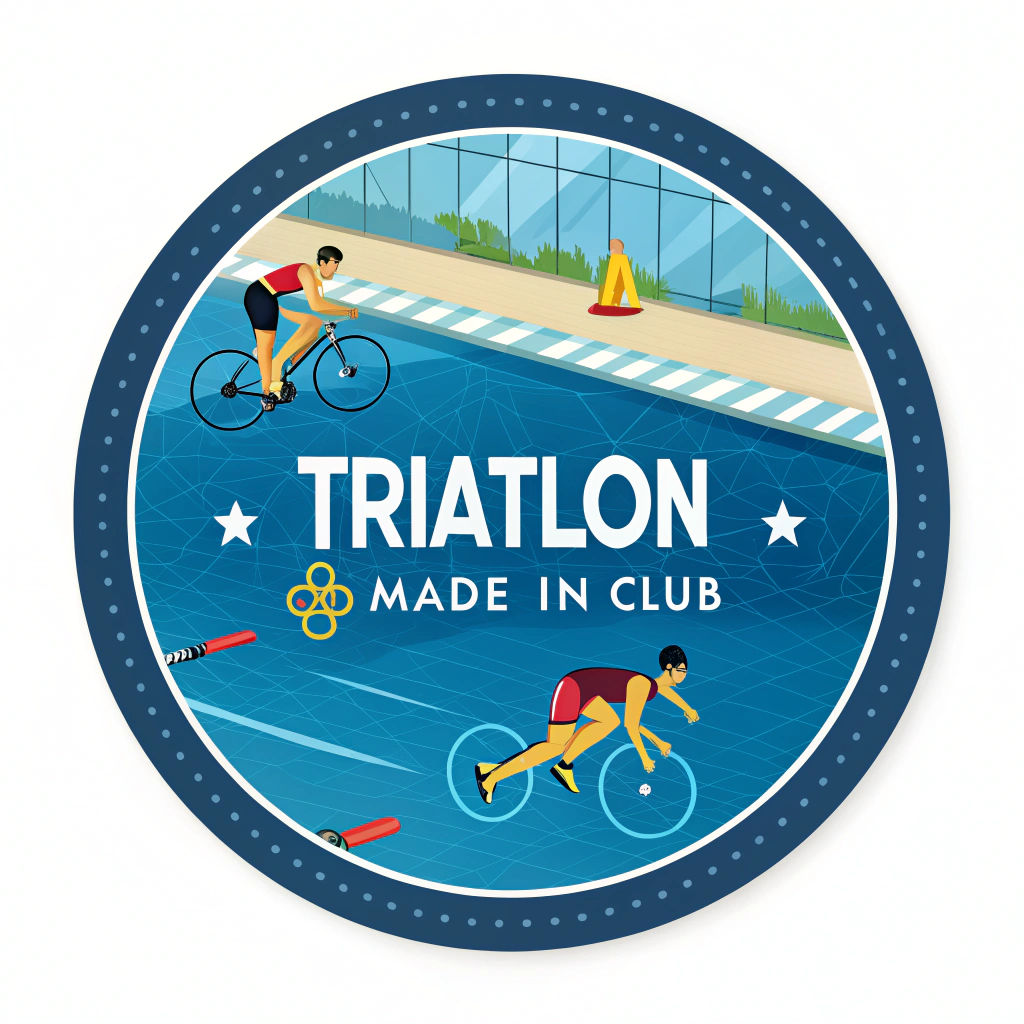 AI generated image by Red Panda AI: Create a circular illustration for a triathlon event. The design should symbolize the three activities: swimming ,at the pool , cycling, in a spinning bike, and running . Use vibrant colors: blue for swimming, yellow for cycling, and red for running. Include the text 'Triatlón Made in Club' prominently in the center or integrated into the design, in bold, modern font. Ensure the design is clean, dynamic, and ready for printing on a 2D surface without additional mockup elements. The style should be professional and eye-catching, suitable for a medal