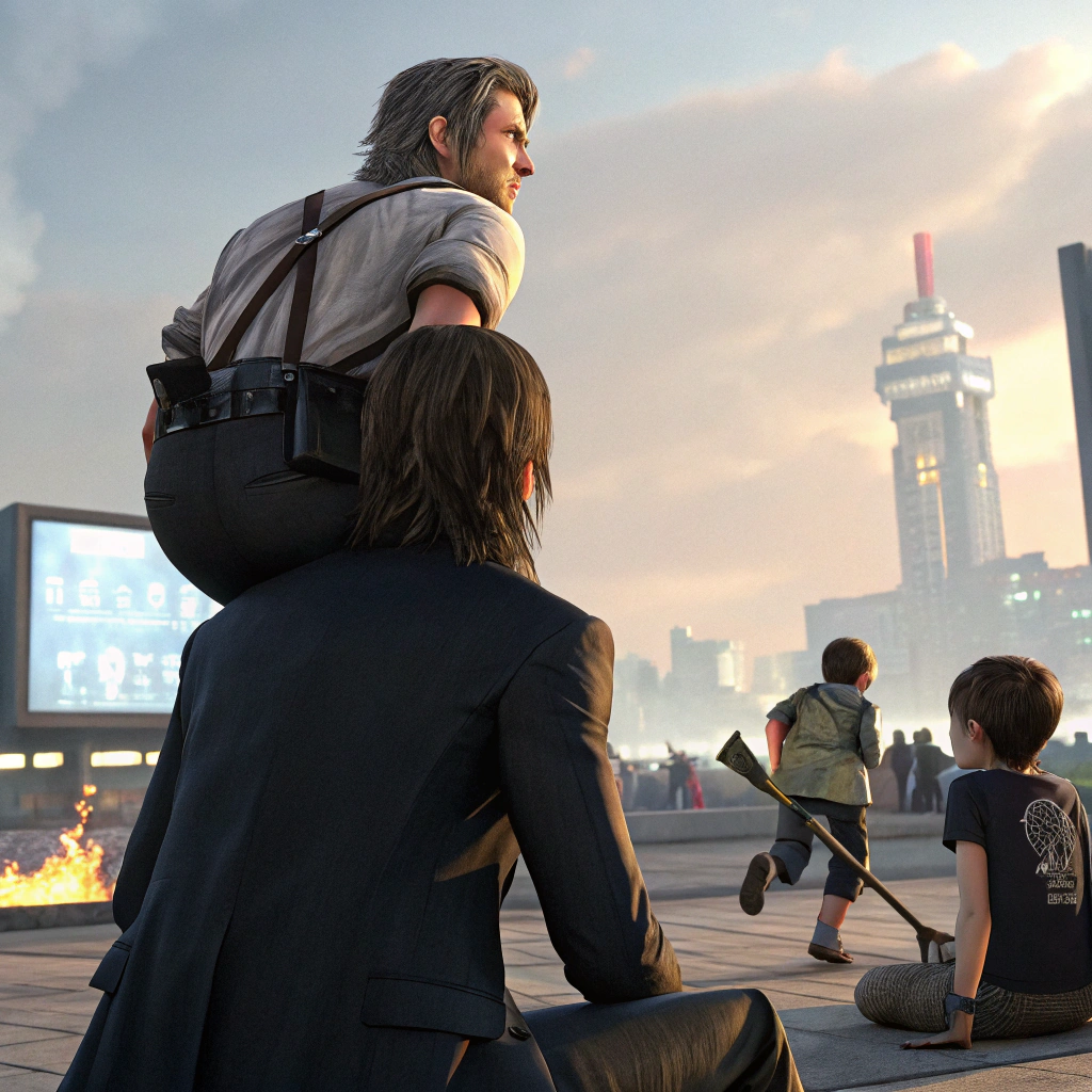 AI generated image by Red Panda AI: a title screen for a game inspired in final fantasy x title screen wit the principal with a businessman on his back looking askance at the player and in the background several seated characters a woman sitting with an ax a child with a console someone sitting burning his legs