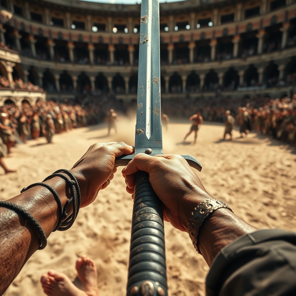 AI generated image by FLUX.1-schnell: 
"Ultra-realistic, 8K, cinematic first-person perspective during a gladiator battle in a Roman arena. The view is through the character’s own eyes, with strong, weathered hands gripping a sword tightly. Bare feet are visible on the sandy ground, with dust and dirt kicking up around them. The angle must strictly remain in first-person, avoiding any third-person or wide-angle shots. The intensity of the scene is captured with the sword in motion, blurred crowds in the background, and the harsh natural sunlight casting sharp shadows. HDR lighting highlights every gritty detail, delivering a truly immersive and dynamic perspective."



