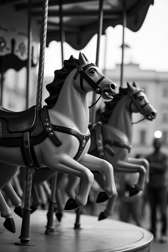 AI generated image by FLUX.1-pro: A closeup black and white photo of jockeys racing carousel. The race contest is very intense and dramatic. Motion blur. Backlight 