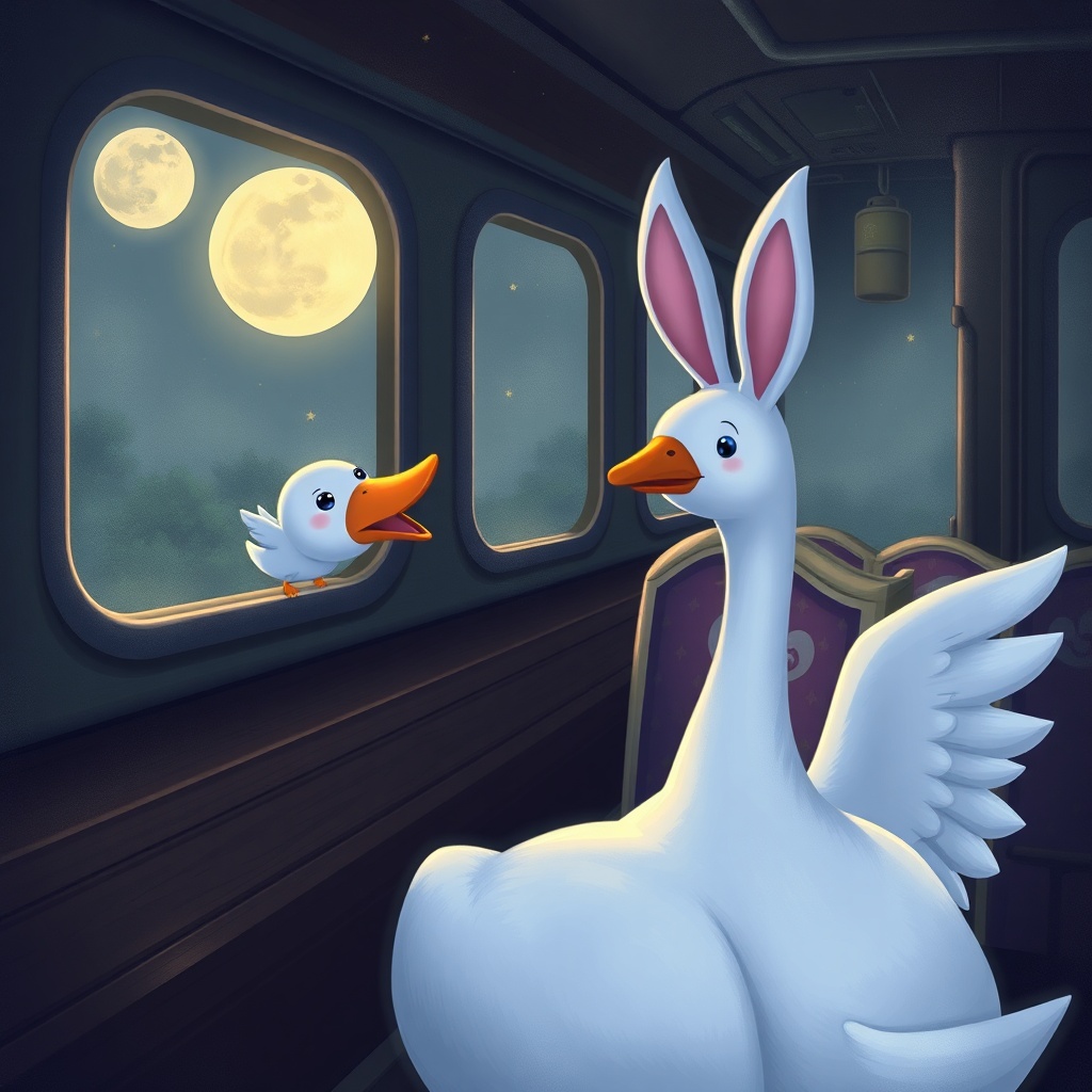 AI generated image by FLUX.1-schnell: Goose in goose and rabbit-girl in the train, moon, cartoons, romantic atmosphere