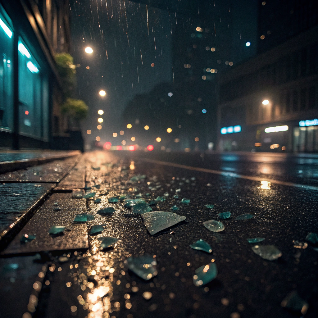AI generated image by Red Panda AI: Pieces of broken glass falling in the city in the middle of rain at night