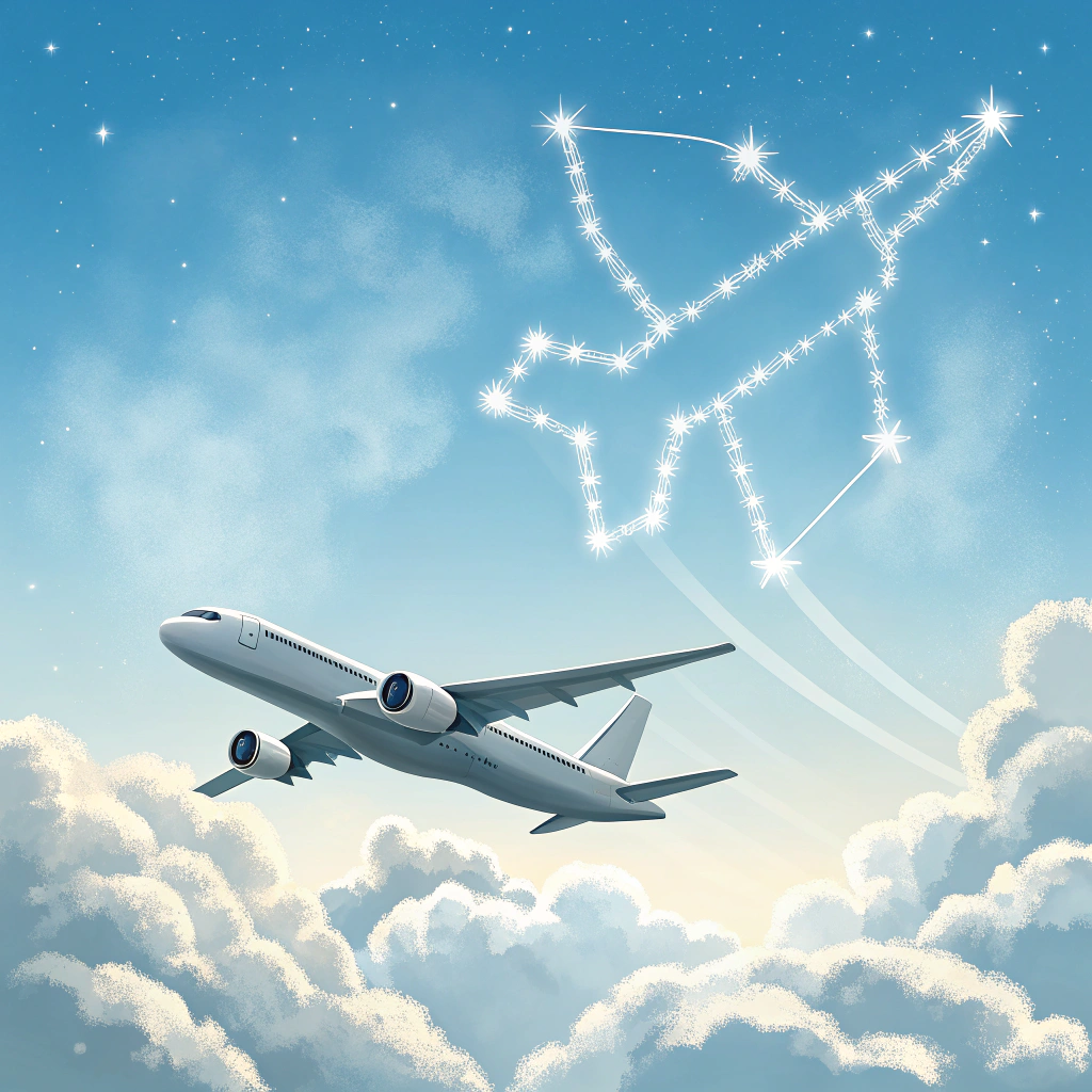 AI generated image by Red Panda AI: 飛機飛過，雲朵是射手座的圖案

