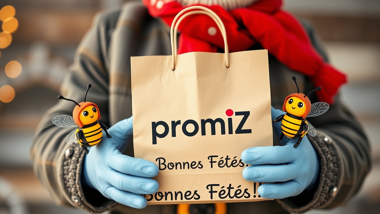 AI generated image by FLUX.1-schnell: Photo réaliste d'un gentil Père Noël distribuant des sacs en kraft avec le mot "promiZ" écrit sur le sac, entouré de petites abeilles robot avec des chapeaux de lutin, et les mots "Bonnes Fêtes!" en bas.