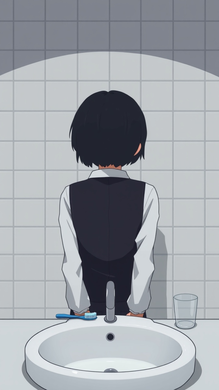 AI generated image by FLUX.1-schnell: Omocat's omori game artstyle, The image depicts a young person standing behind a bathroom sink facing the camera, their expression somber. Sink faces away. Their dark hair is neatly styled, and they are dressed in a white shirt with a dark vest. The tiled walls behind them are plain and featureless, creating a sense of isolation. The only other elements in the scene are a toothbrush and a glass on the counter, suggesting a routine that the individual may find difficult to engage in. The overall mood of the image is melancholic, hinting at a sense of loneliness or sadness. The subdued colors and minimalist composition further contribute to the somber atmosphere.  The image leaves room for interpretation, inviting viewers to consider the inner thoughts and feelings of the subject.