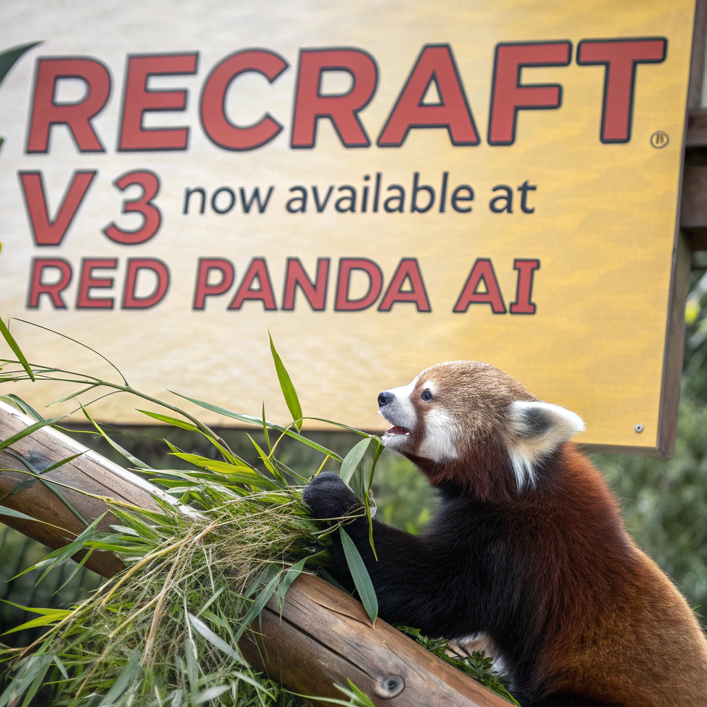 AI generated image by Red Panda AI: a red panda eating a bamboo in front of a poster that says "recraft V3 now available at red panda ai