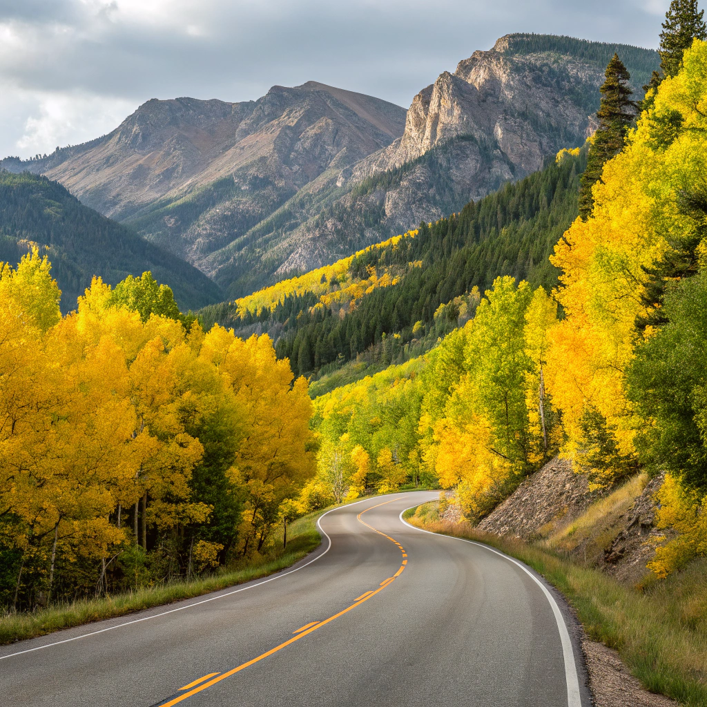 AI generated image by Red Panda AI: Road leading into the mountains and yellow trees on the side of the road.