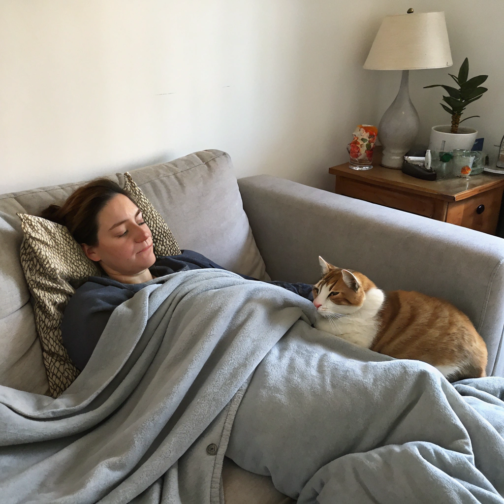 AI generated image by Red Panda AI: A woman is lying on a sofa under a gray blanket, a cat curled up next to her on the back of the sofa.