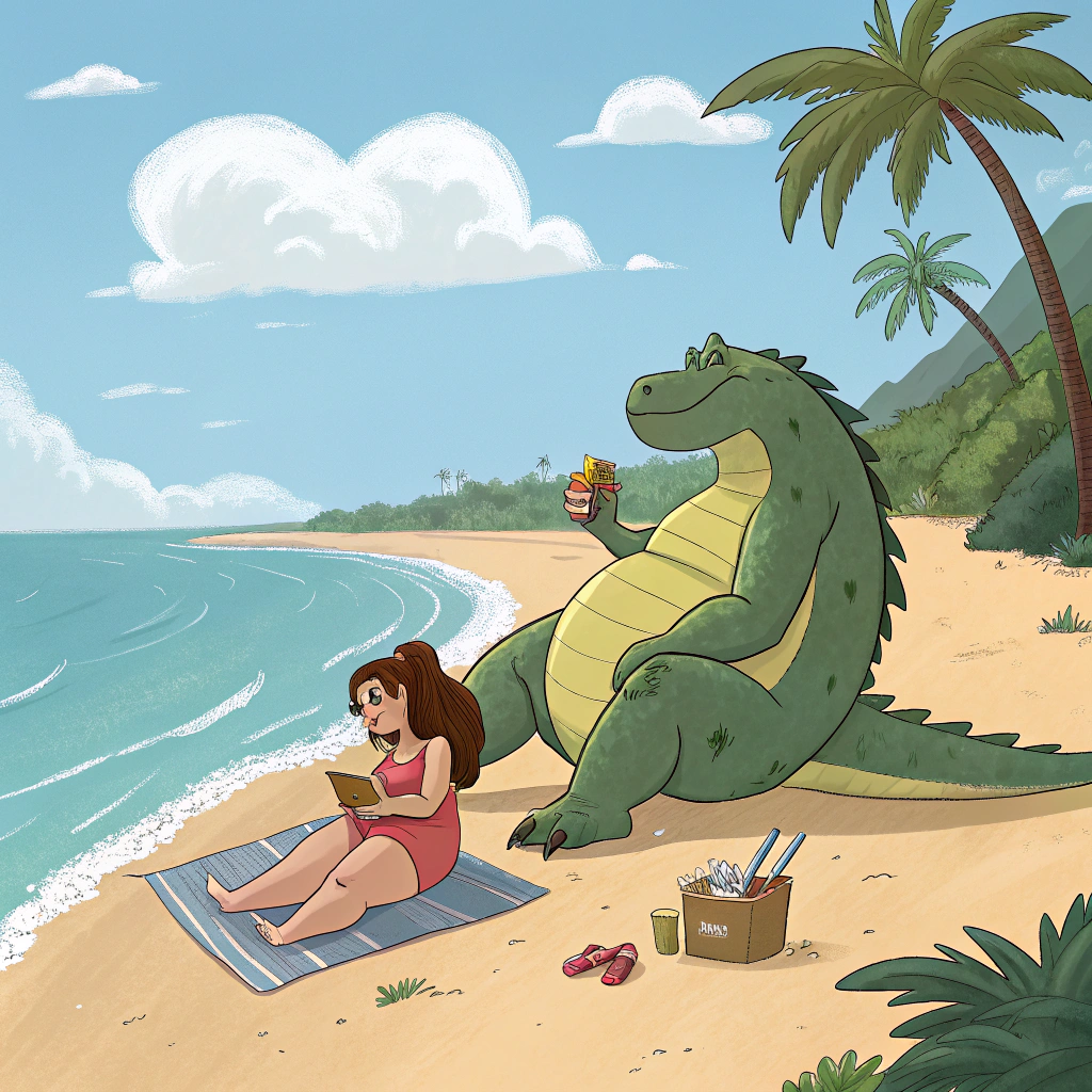 AI generated image by Red Panda AI: Dibuja un dinosaurio musculoso pero panzon, tomando sol en la playa junto a una chica gordita
