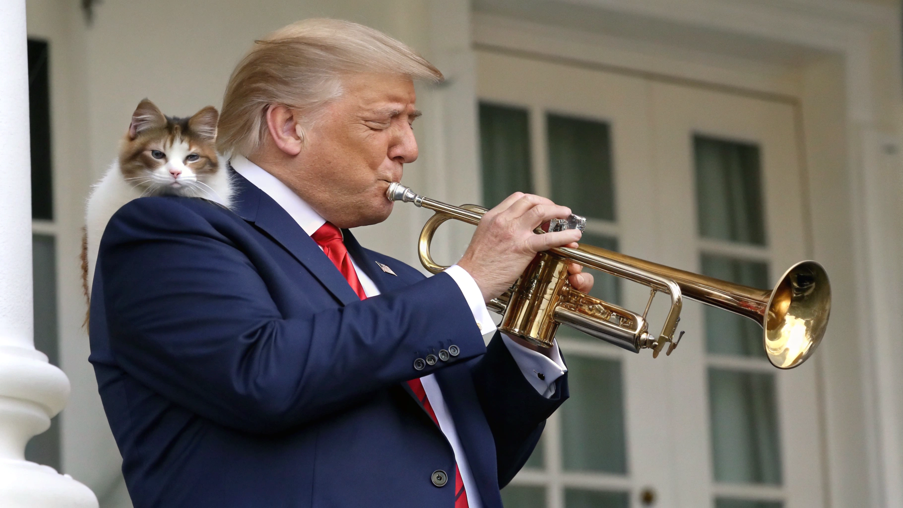 AI generated image by Red Panda AI: create an image of donald trump playing trumpet with a pet going out of the trumpet
