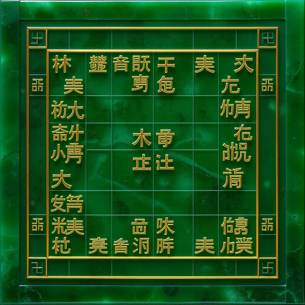 AI generated image by FLUX.1-schnell: top-down orthographic view, Chinese chess board, full standard xiangqi grid, perfectly symmetrical, carved from a single piece of polished emerald jade, translucent deep green jade texture, crystal clear, subtle light refraction, delicate dark green veins, smooth glossy surface, thin golden lines for chess grid, delicate golden border, clear and standard Chu River Han Jie (Chinese characters), minimalist luxury style, clean game UI background, no extra objects, no messy patterns, high definition, sharp edges, game asset for WeChat mini-game, 1024x1024, PNG
