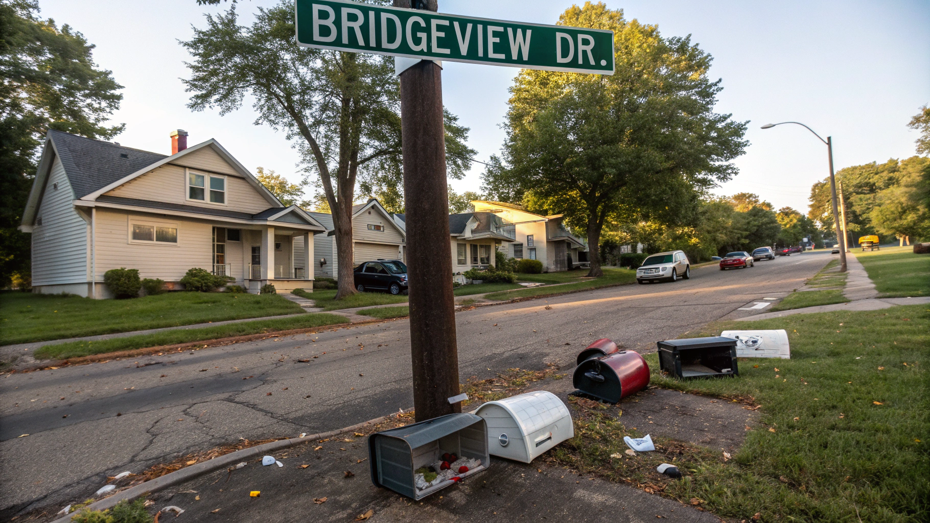 AI generated image by Red Panda AI: Six Smashed mailboxes in front of houses, street sign on the corner says Bridgeview Dr