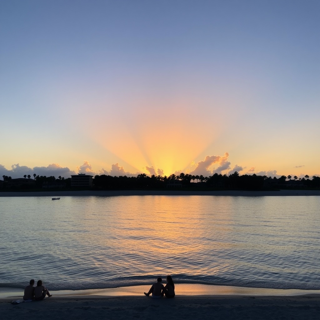 AI generated image by FLUX.1-schnell: The sunrise reflects over the water as people relax on haulover beach in florida