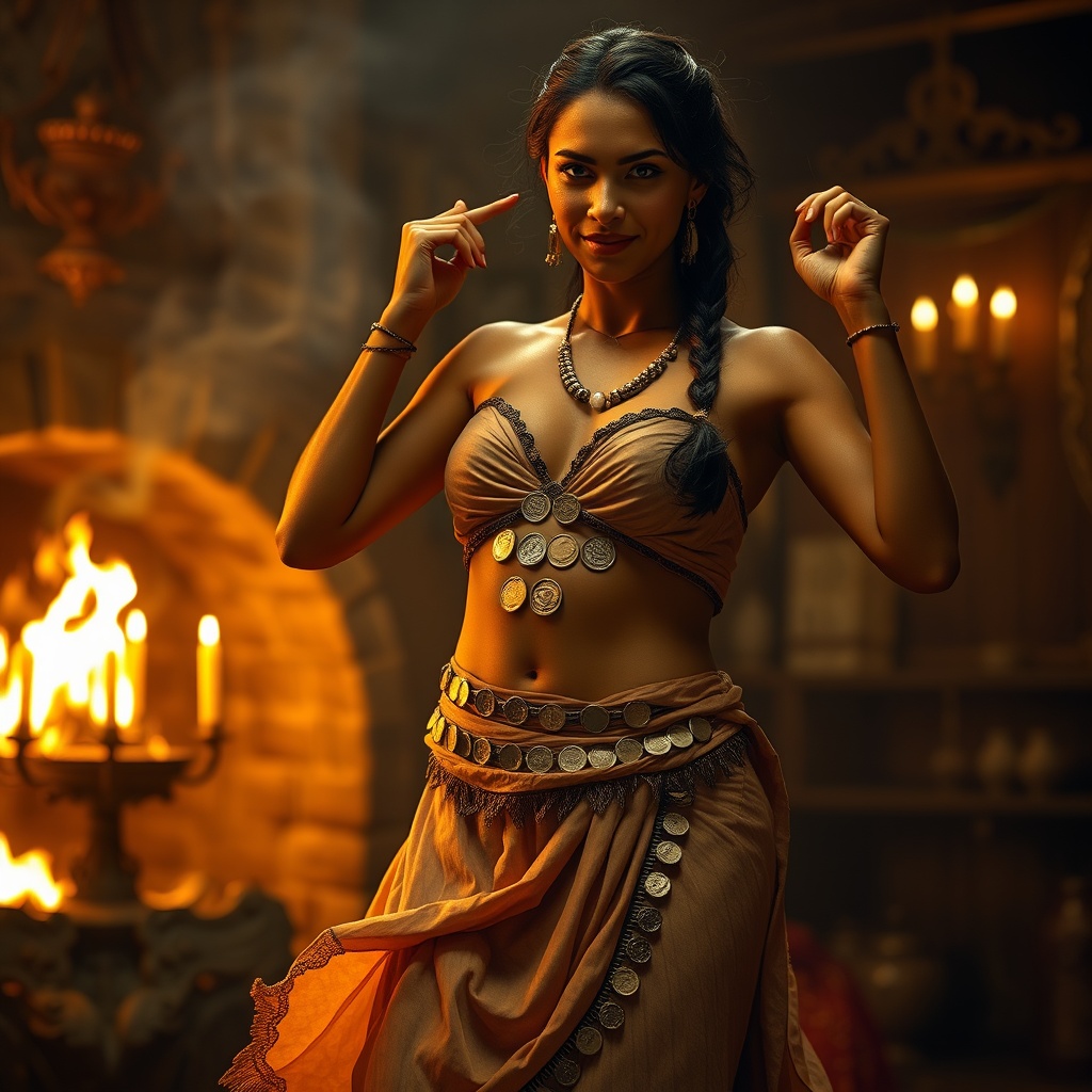 AI generated image by FLUX.1-schnell: Cinematic fantasy character portrait of an exotic desert dancer performing beside a crackling hearth inside a medieval tavern, ultra‑realistic AAA RPG art style. Shot on Sony A7RV with 85 mm f/1.2 GM lens at f/1.4, warm candle‑and‑fire glow (2800 K) mixed with faint moonlight rim (6500 K). Female dancer of bronze complexion dusted with fine golden shimmer, skin shows subtle pore texture and subsurface scattering on shoulders and abdomen. Semi‑transparent silk harem trousers billow mid‑motion, coin‑adorned hip scarf catching specular highlights; open halter top with chain jewellery reveals toned obliques and the gentle curve of the bust. Camera starts low and frontal (10°), tracking upward along swaying hips, motion blur on coin fringe (1/100 s); final focus on sly smile and kohl‑lined eyes. Hair in thick braid with beadwork, strand simulation visible. God‑rays through tavern smoke, foreground bokeh of incense burner. Background: rough‑hewn beams, blurred patrons, clay jugs. PBR materials on brass bracelets, hammered gold anklets; silk shows warp‑weft distortion. Mood: hypnotic, sensual yet tasteful—erotic energy conveyed through movement, light, and texture rather than exposure.
