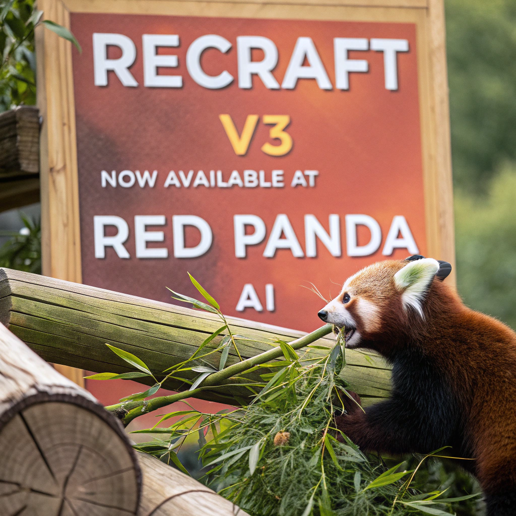 AI generated image by Red Panda AI: a red panda eating a bamboo in front of a poster that says "recraft V3 now available at red panda ai