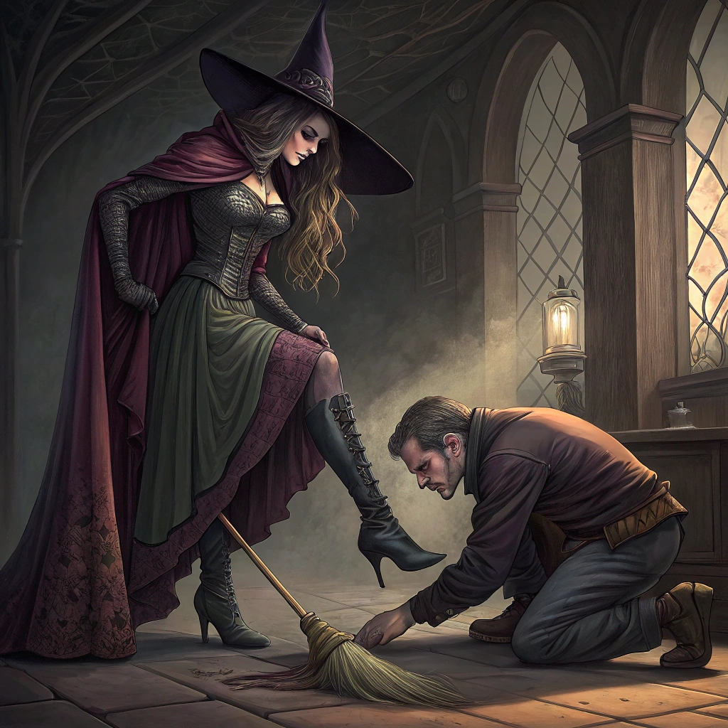 AI generated image by Red Panda AI: in the style of John William Waterhouse,full body shot, wide shot, picture of a gothic beautiful dominant evil witch in boots standing and stepping on her Vlave's lips, her male blave's on the floor,  grovelling before her, ((Bickig her feet clean)), Bemdom art, by Aly Fell, 4k, ultra detailed 