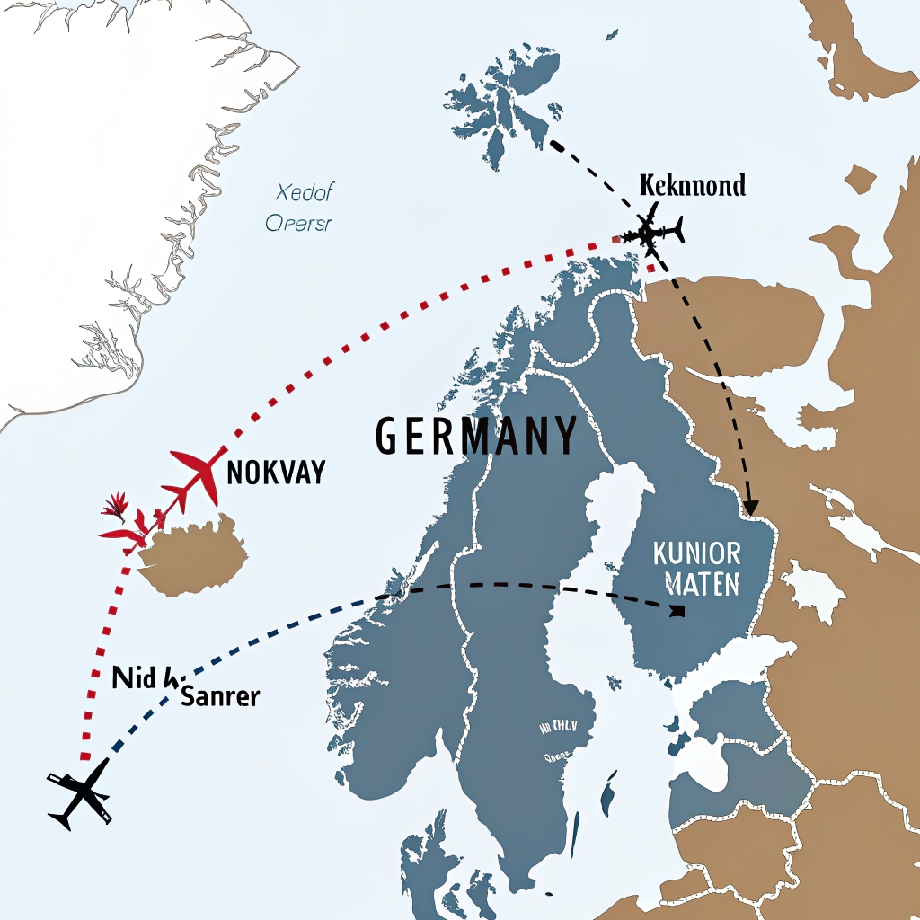 AI generated image by Red Panda AI: fais moi un plan géographique qui relis la Norvège, les Etas-Unis et l'Allemagne avec une trace d'avion en petit pointillés