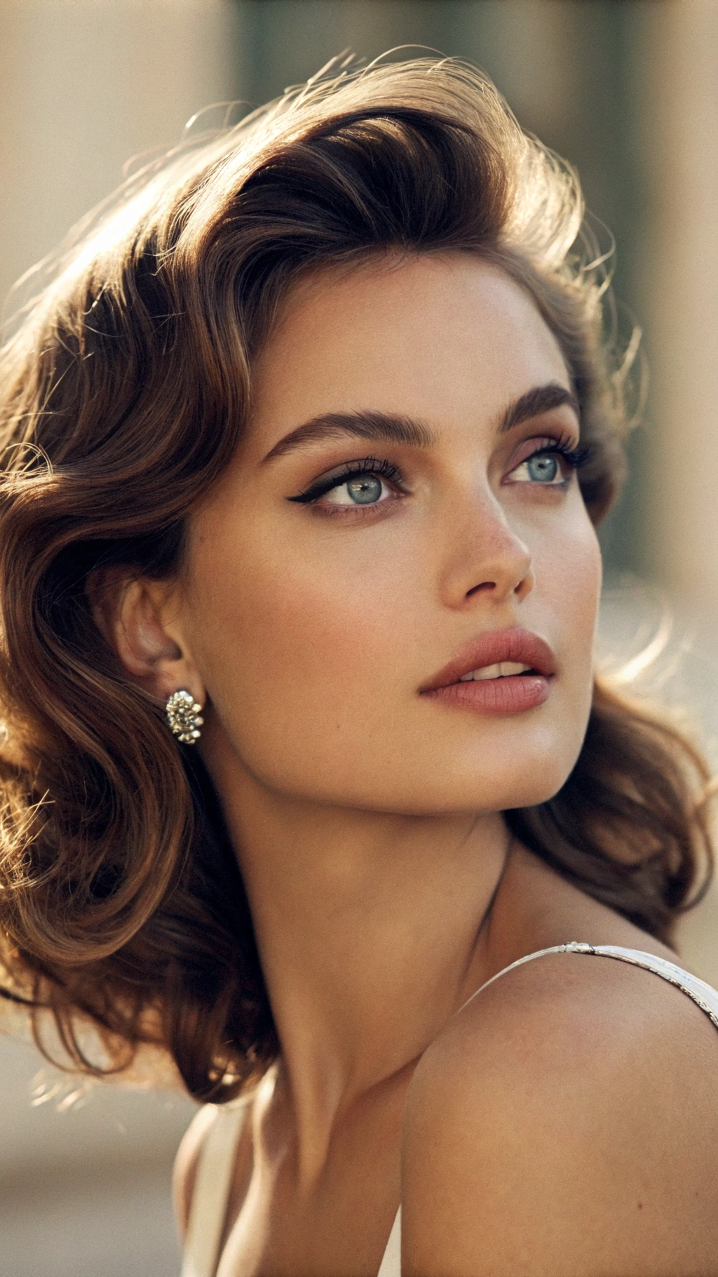 AI generated image by Red Panda AI: Portrait of the most beautiful woman ever, blending timeless beauty with elegance and grace. She has radiant, flawless skin with a natural glow, expressive eyes that convey warmth and depth, and soft, symmetrical facial features. Her hair cascades in gentle waves, framing her face perfectly. She wears a simple yet refined outfit, accentuating her beauty without overpowering it. The background is softly blurred, focusing all attention on her. The lighting is gentle and warm, highlighting her features and adding a subtle, ethereal quality, as if she is from a classic yet timeless era
