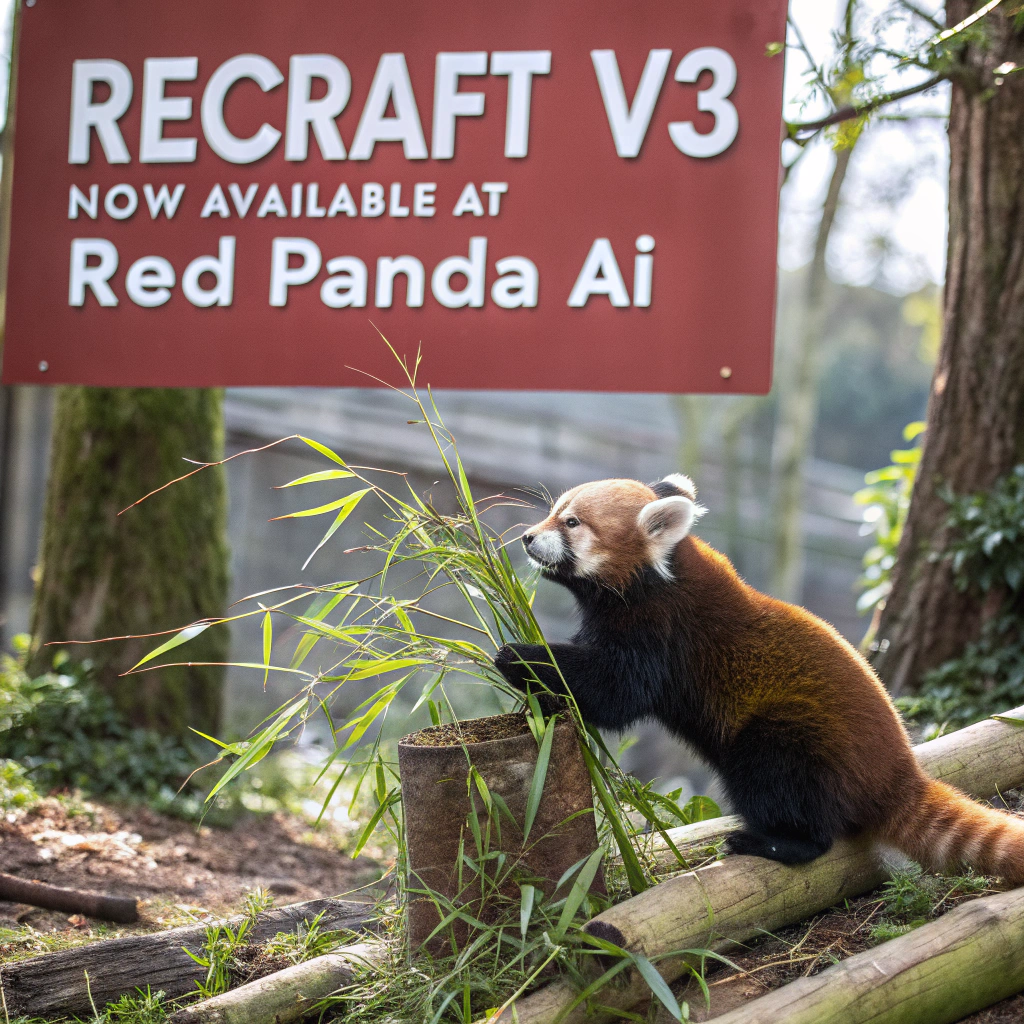 AI generated image by Red Panda AI: a red panda eating a bamboo in front of a poster that says "recraft V3 now available at red panda ai