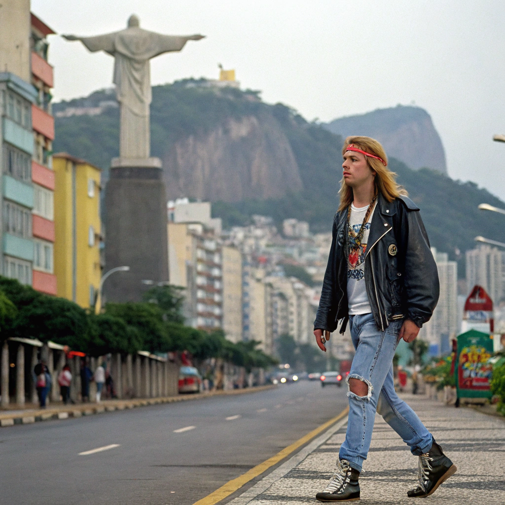 AI generated image by Red Panda AI: Young Axl rose, 80s visuals, walking on the streets of Rio de Janeiro, next to Christ the Redeemer statue