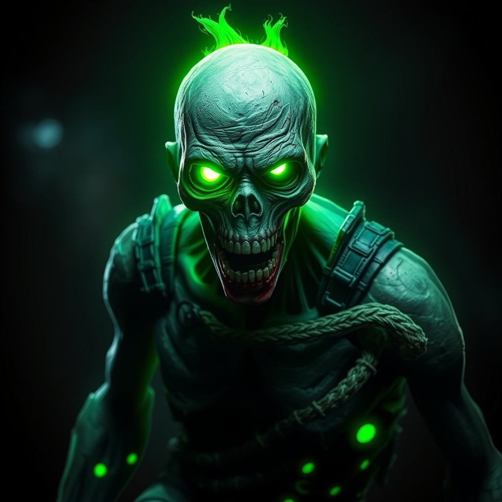 AI generated image by FLUX.1-schnell: Ein Bild von einem Zombie aus dem Videospiel DeadCells er leuchtet grün und die schultern knie und elbogen besonders stark grün.