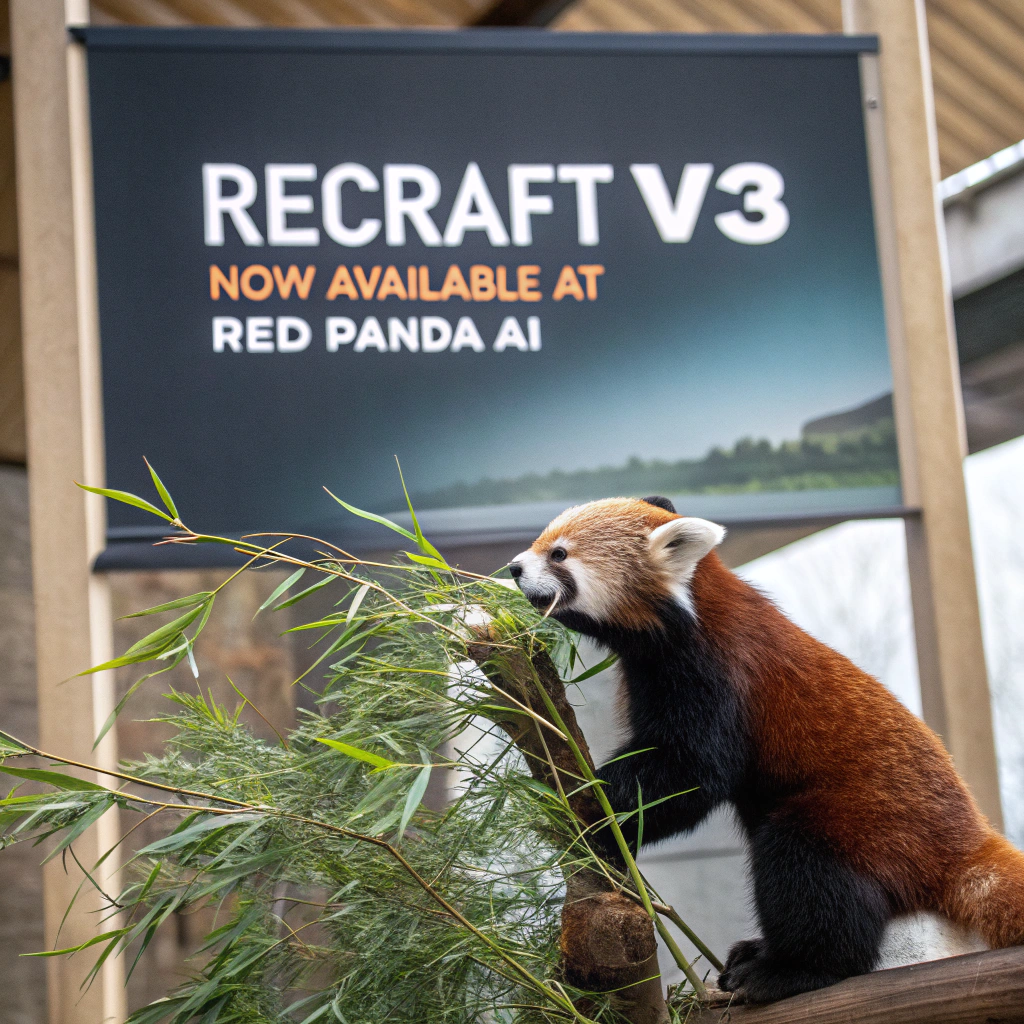 AI generated image by Red Panda AI: a red panda eating a bamboo in front of a poster that says "recraft V3 now available at red panda ai