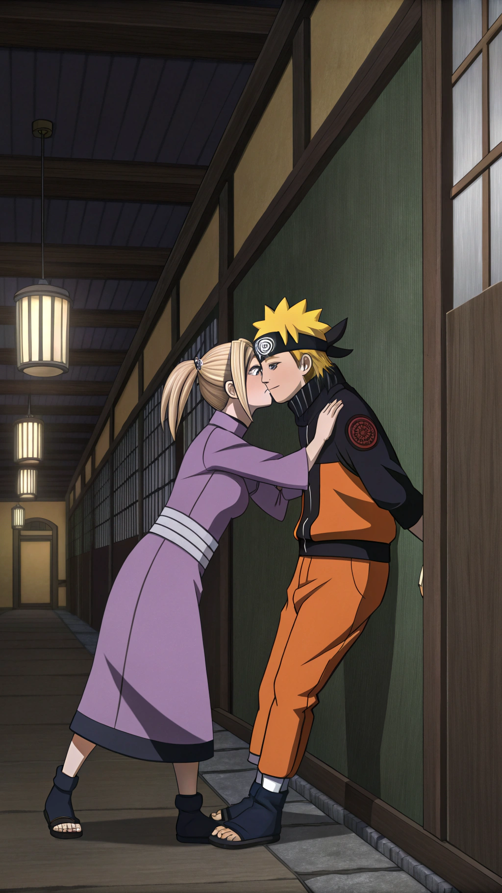 AI generated image by Red Panda AI: A scene from anime where a sly Ino yamanaka wearing a purple dress is passionately kissing naruto against a wall
