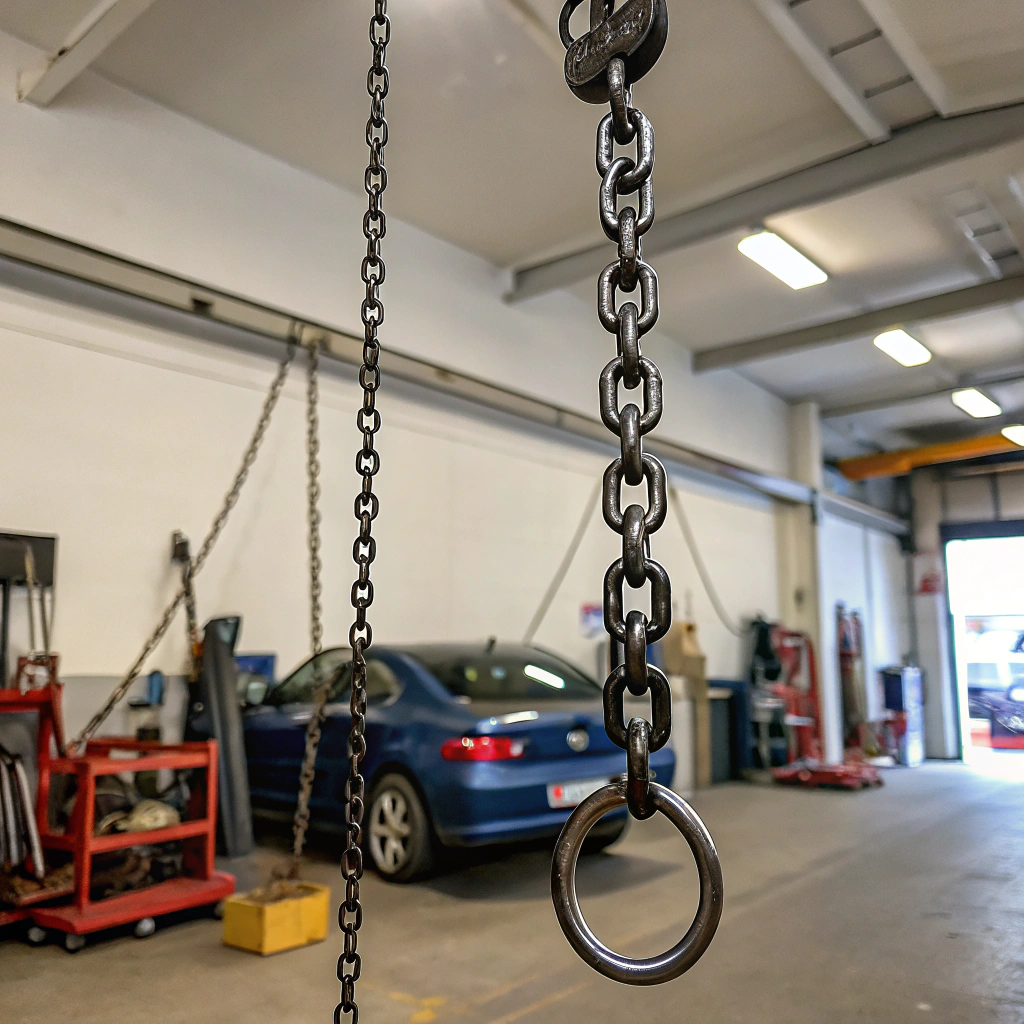 AI generated image by Red Panda AI: una cadena pegada el techo baja hasta un anillo donde estan unida dos cadenas mas y una de ellas esta pegada a la pared y de la otro esta guindando un motor de carro 
