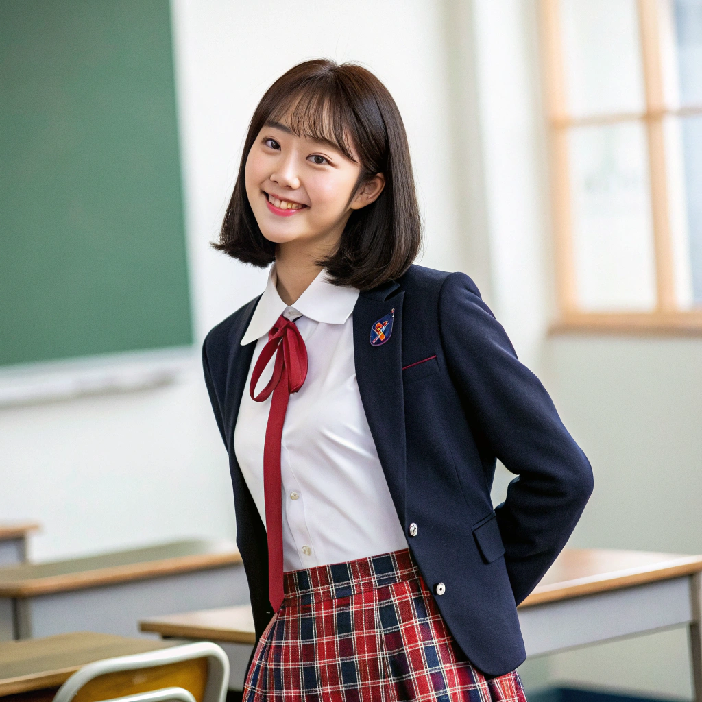 AI generated image by Red Panda AI: a waist shot photo of young cute Korean woman in school uniform look