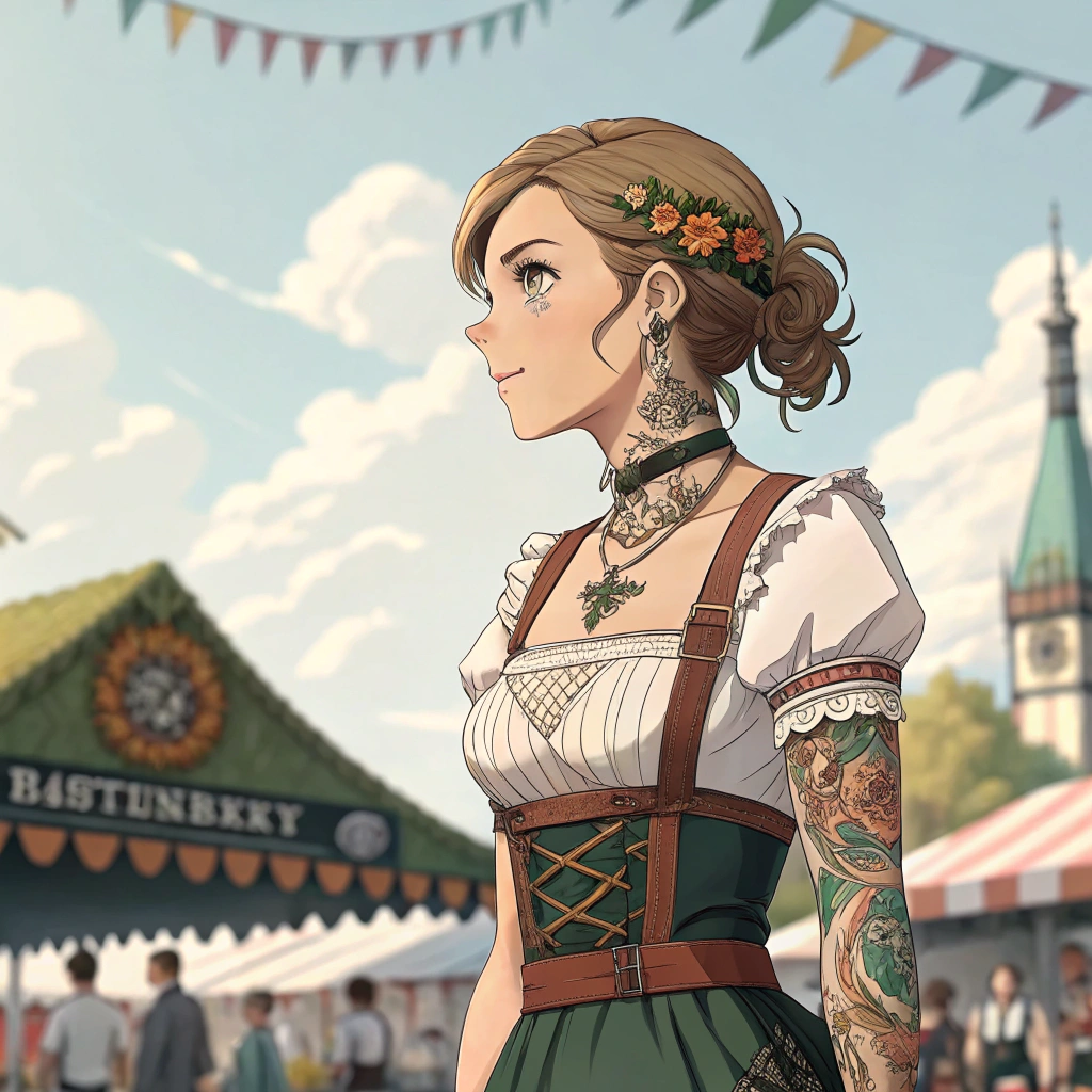 AI generated image by Red Panda AI: crea una imagen estilo animación de una chica alemana con el traje típico de babaria o del oktoberfest y con los brazos y el escote tatuado 