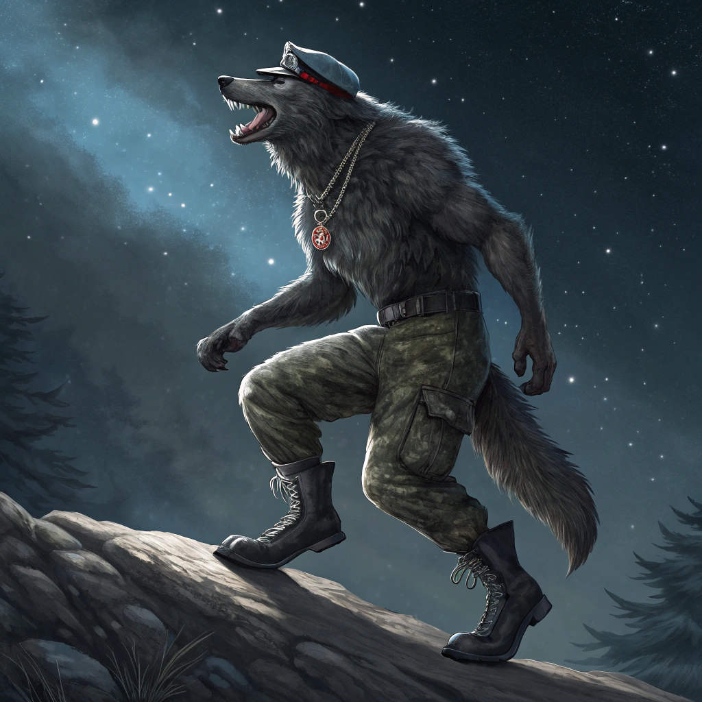 AI generated image by Red Panda AI: A highly realistic digital painting of a thick-bodied werewolf male with glasses, wearing Russian soldier pants, soldier boots, and a soldier hat. The werewolf is dancing on its hind legs and is standing on a rocky surface. The background is a dark space. The werewolf has a silver chain around his neck and a long jaw. He has dark grey fur.