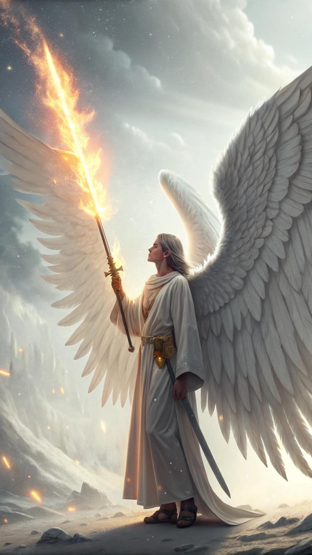 AI generated image by Red Panda AI: A majestic angel with radiant white wings, holding a flaming sword, standing in a celestial realm of light, representing one of the four named angels in the Bible -- photorealistic, detailed textures, divine glow, ethereal atmosphere
