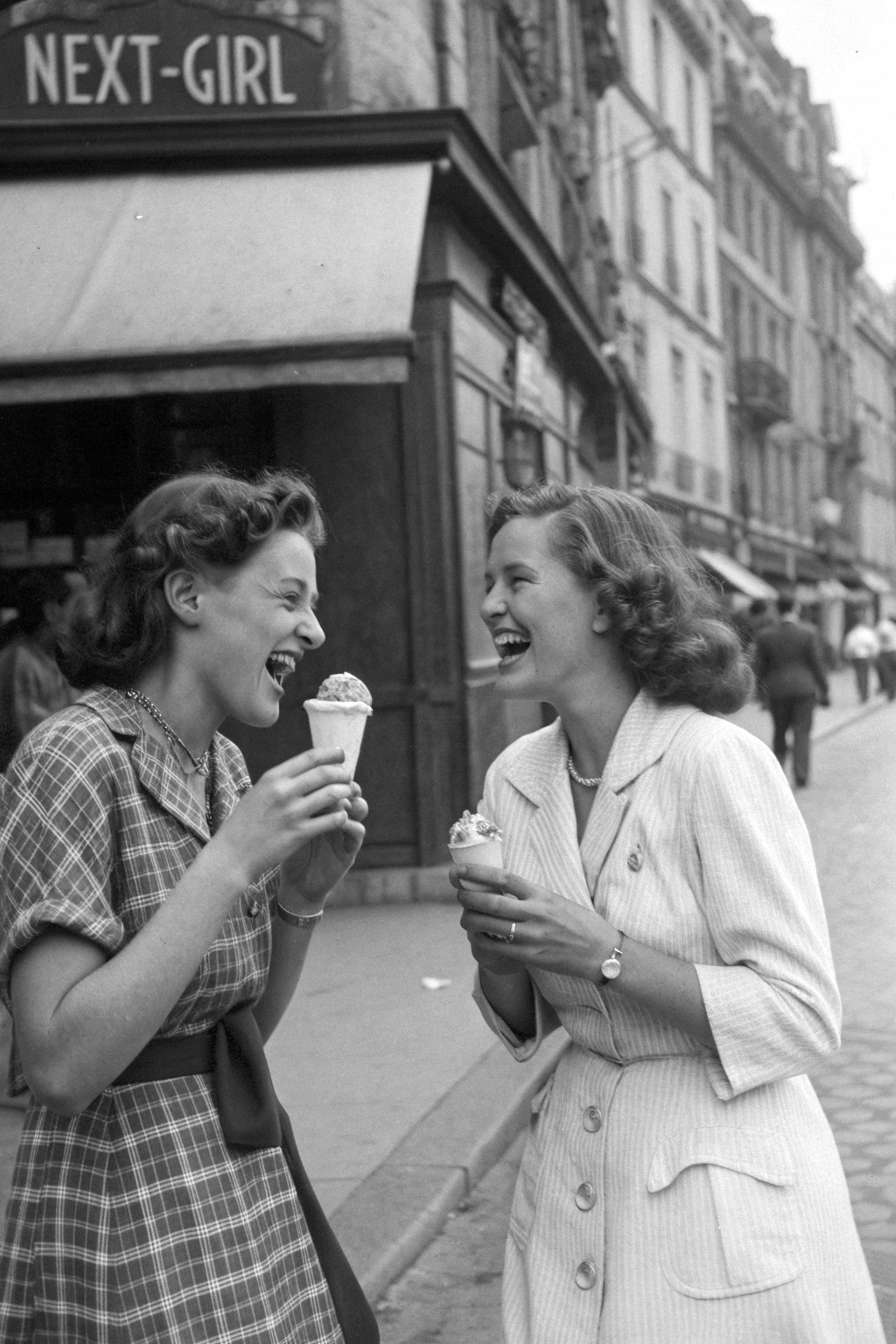 AI generated image by Red Panda AI: A vintage photographs in blck and white of 2 pretty "next-girl" women laughing while eating gelato in a traditional Paris street. nostalgic feel, heavy grain with some chromatic aberration