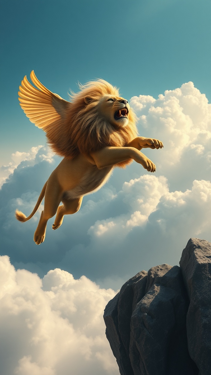 AI generated image by FLUX.1-schnell: Flying lion at cloud