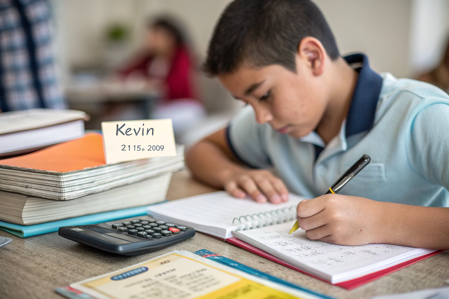 AI generated image by Red Panda AI: A student sitting at a desk, working on a math assignment. The desk is cluttered with books, notebooks, and a calculator. On the desk, there is a student ID card, clearly visible, showing the student's name and ID number. The student is focused on their math homework, writing with a pen. The math assignment papers on the desk show complex mathematical problems. The student ID card is placed next to the notebook, with the name Kevin and ID number 211502009 visible. The scene is sharp with no background blur, ensuring the focus is on the student, their homework, and the student ID card.