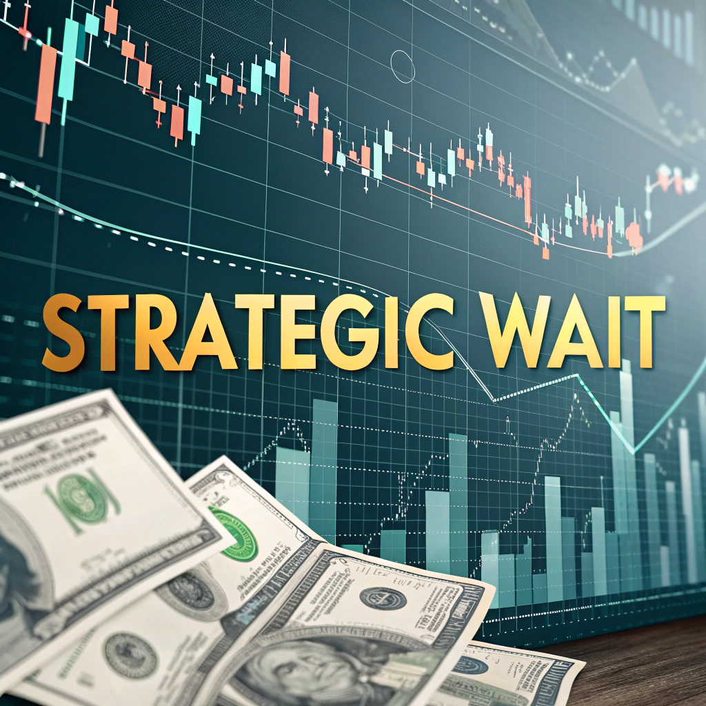AI generated image by Red Panda AI: "Strategic Wait" is written somewhere clear and obvious, there is a money flow somewhere, stock market motif "Strategic Wait" is the text