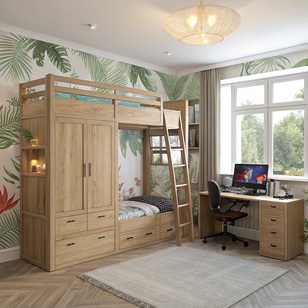 AI generated image by Red Panda AI: Male ein 3d bild von einem traumzimmer mit hölzermen hochbett, einem schrank, einem leuchtendem geming pc in der ecke, einem schreibtisch und einem großem zimnmer
Aber mit leiter fürs hochbett und tropische tapeten,und einem LEUCHTENDEM GAMING PC