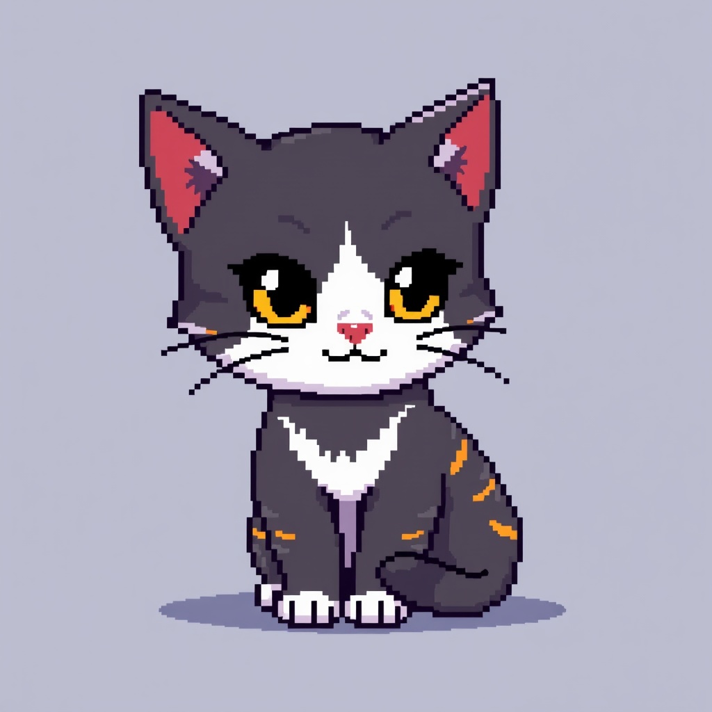 AI generated image by FLUX.1-schnell: "Un sprite en pixel art de 32x32 píxeles de un gato. Su diseño es adorable pero detallado, con una paleta de colores limitada para mayor contraste. El pelaje es [color del gato, por ejemplo: negro, gris, atigrado, blanco y naranja]. Tiene ojos expresivos y orejas puntiagudas. Su postura puede ser sentada, caminando o acurrucada. Se utiliza dithering sutil para sombreado y profundidad. El estilo es similar a juegos retro de SNES y GBA, con detalles claros y bien definidos."